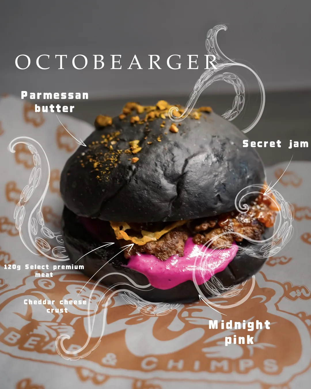 Octobearger: parmesan butter, Secret Jam, 130 g de carne select premium, costra de cheddar y mayonesa Midnight Pink, con el pulpo dibujado
