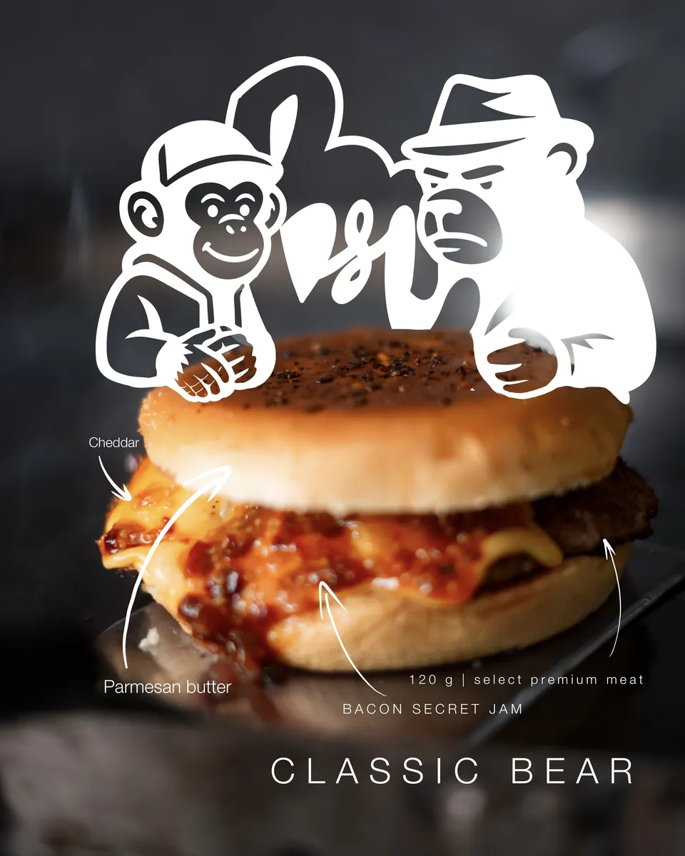Classic Bear: Parmesan butter, cheddar, Bacon Secret Jam y 130 g de carne premium