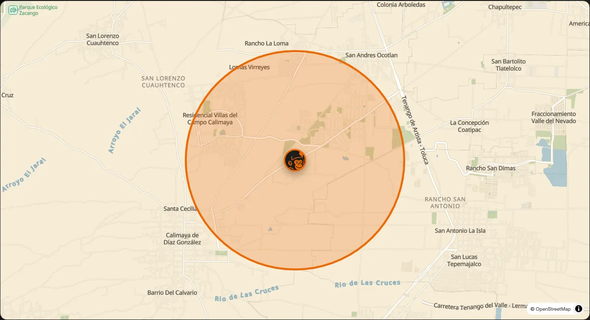 Mapa del área de reparto: 2 km alrededor de nuestra cocina en Av. Calimaya 48